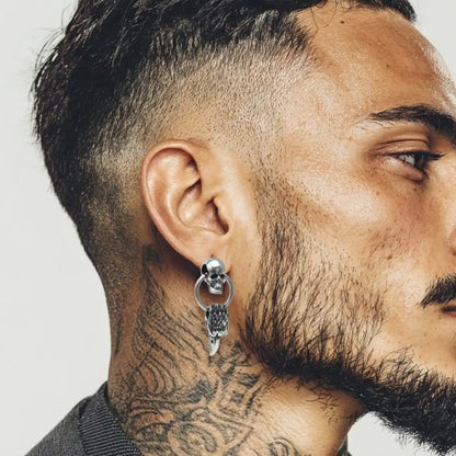 Eagle Head Skull Drop Earrings Worn by Male Model
