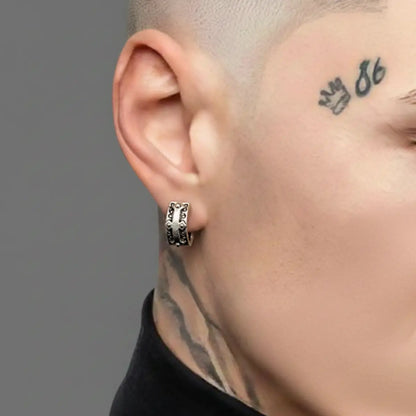 Embossed Cross Hoop Earrings Worn by Male Model