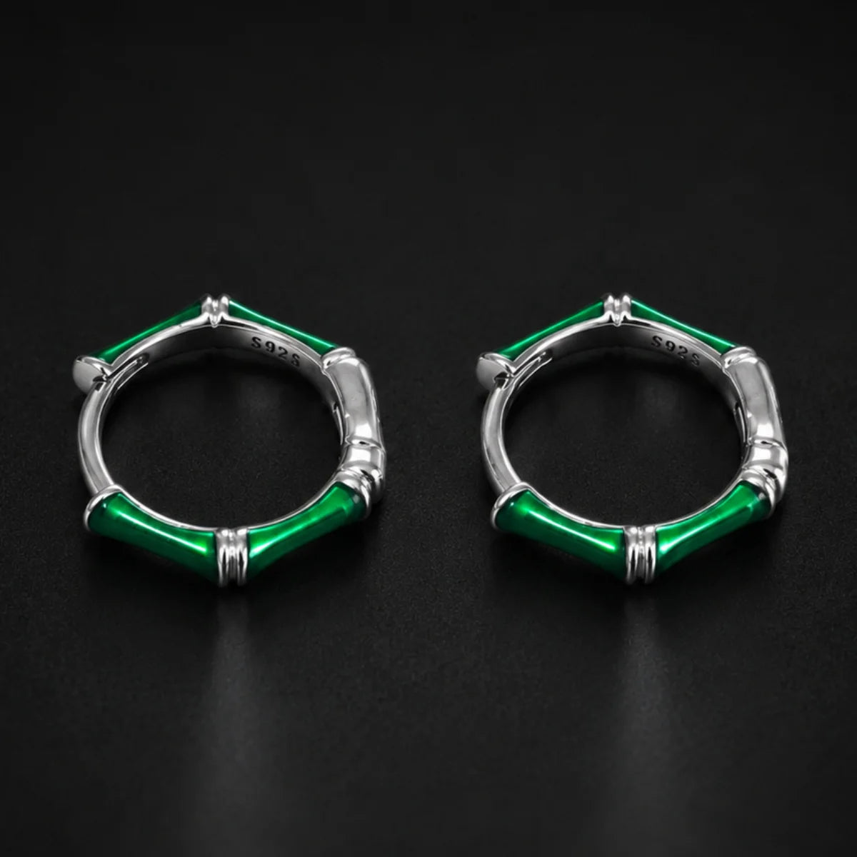 Emerald Bamboo Hoop Earrings Silver Pair Close Up Black Background