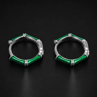 Emerald Bamboo Hoop Earrings Silver Pair Close Up Black Background