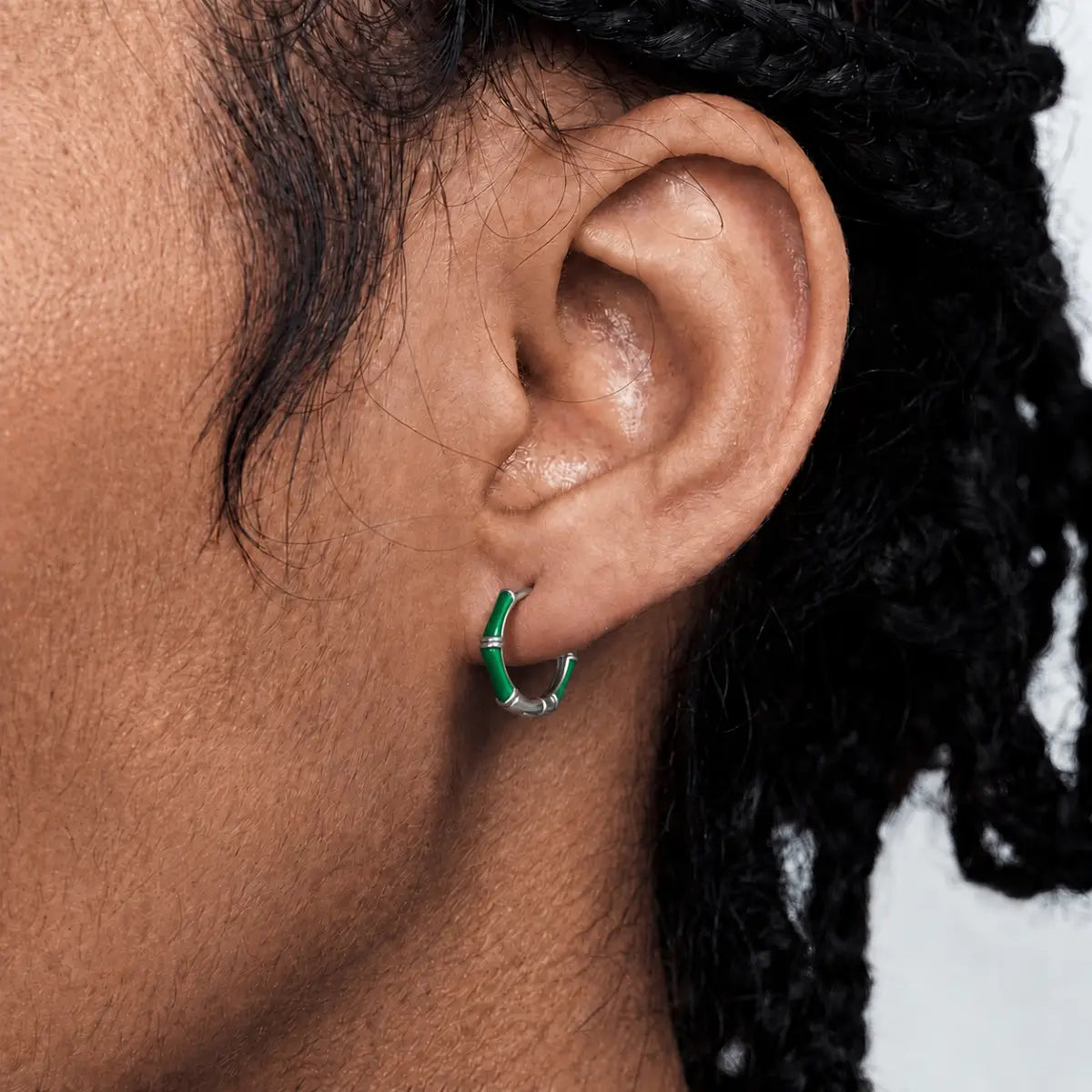 Emerald Bamboo Hoop Earrings Silver Worn by Male Model Close Up