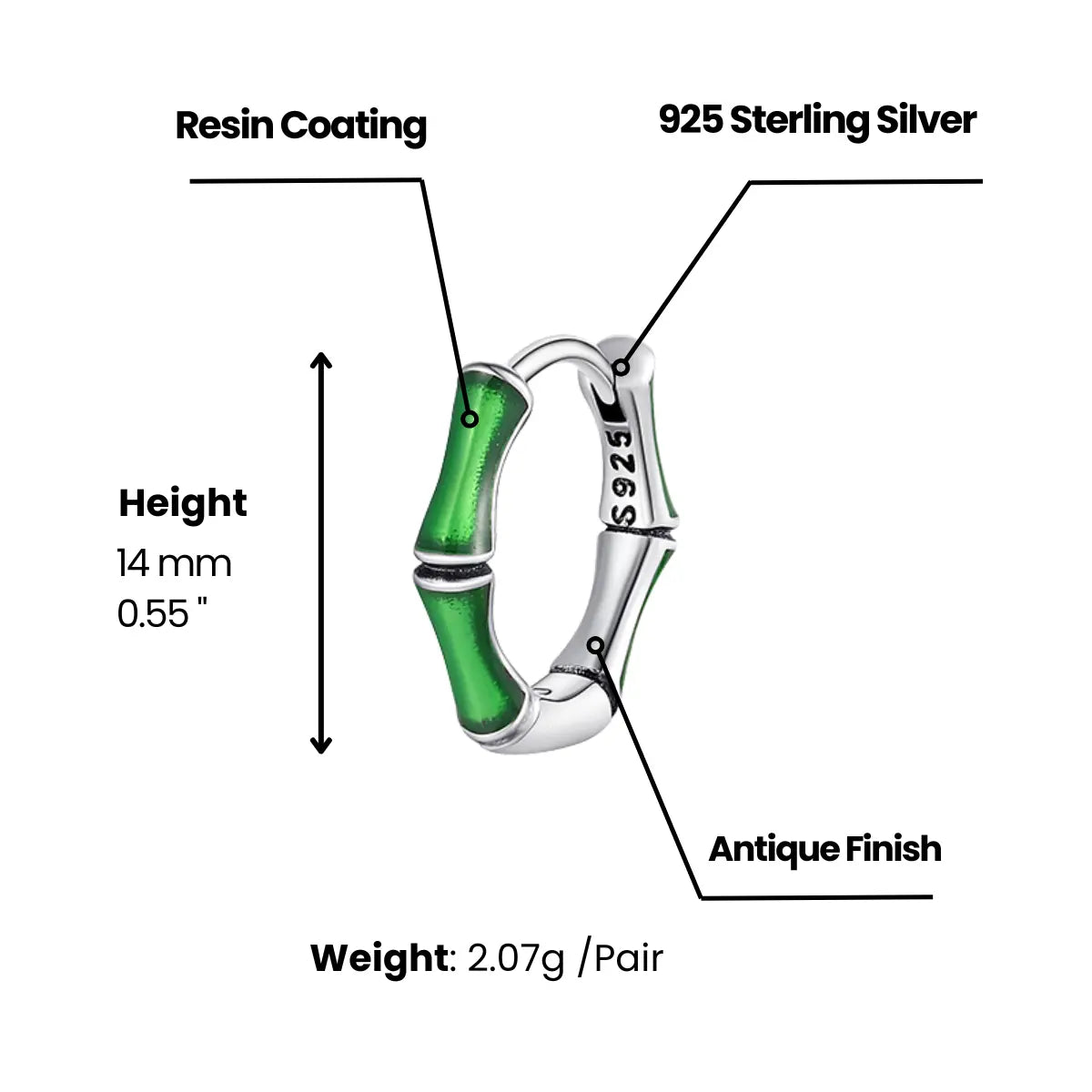 Emerald bamboo silver hoop earrings dimensions and weight
