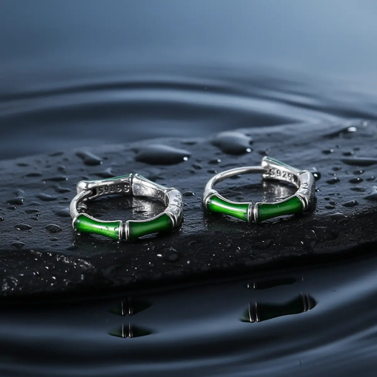 Emerald bamboo silver hoop earrings