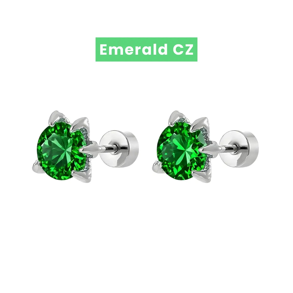 Emerald CZ Diamond Claw Stud Earrings Stainless Steel