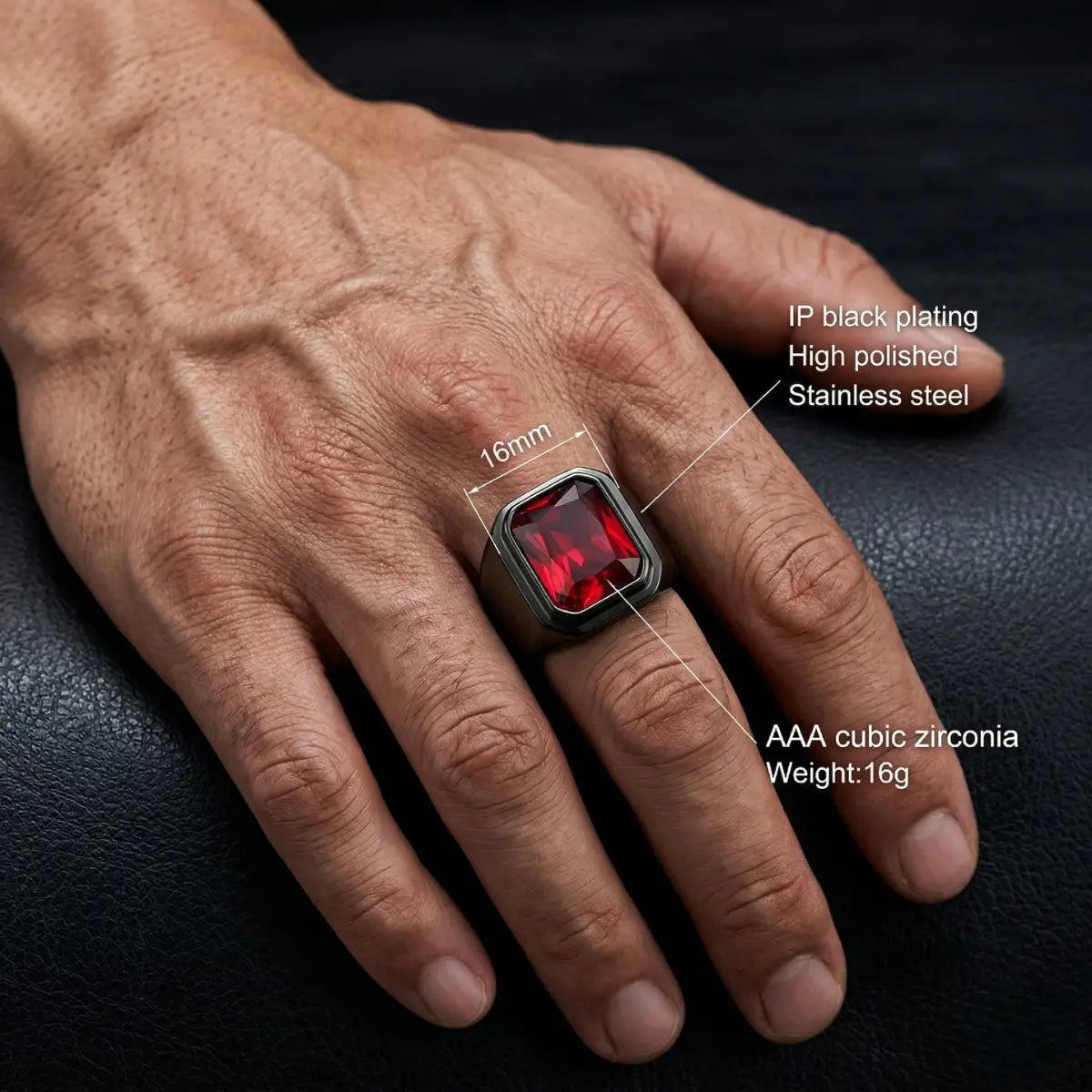 Emerald Cut Red CZ Ring Black Worn by Male Model Close Up