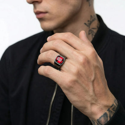 Emerald Cut Red CZ Ring Black Worn by Male Model
