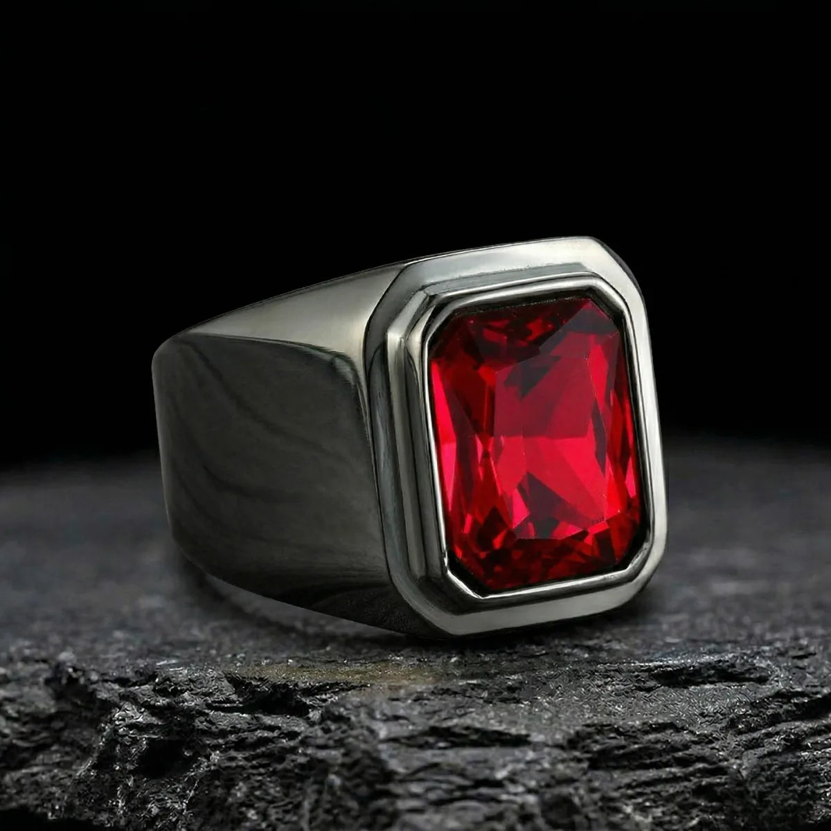 Emerald Cut Red CZ Ring Black