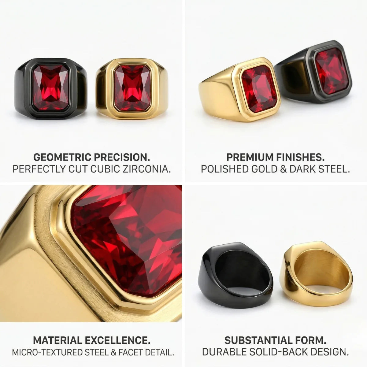 Emerald Cut Red CZ Ring Features