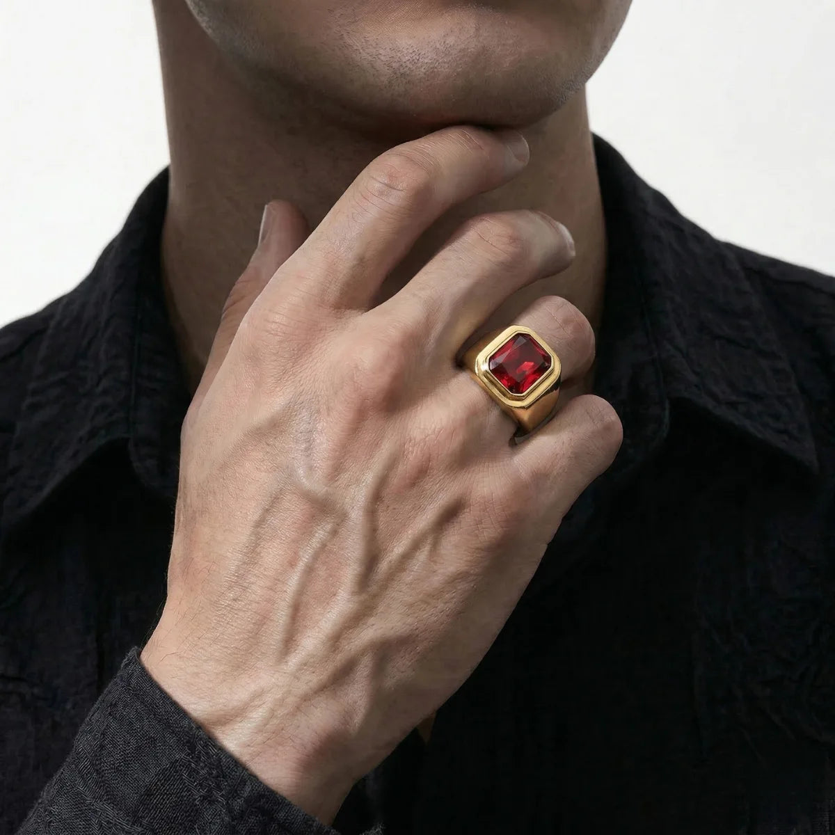 Emerald Cut Red CZ Ring Gold Worn by Male Model