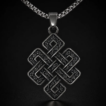 Endless Knot Necklace Silver Close Up Black Background