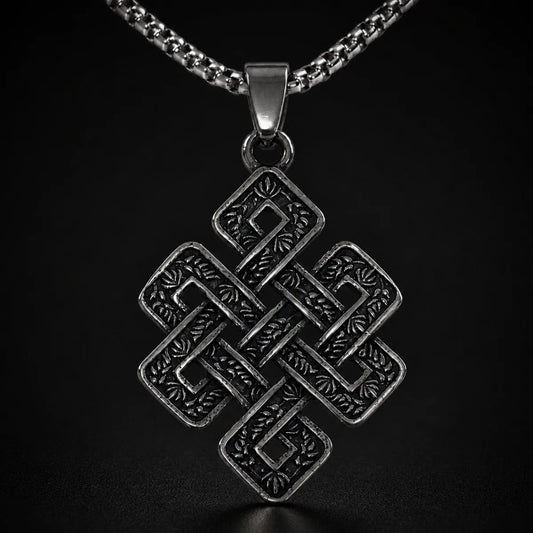 Endless Knot Necklace Silver Close Up Black Background