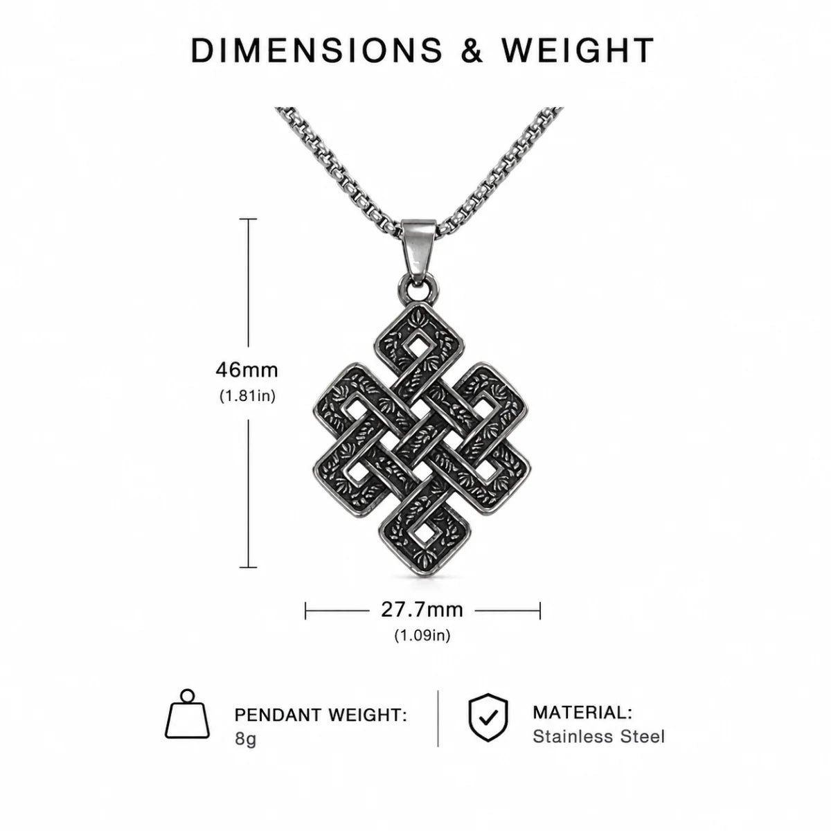 Endless Knot Necklace Silver Dimension Diagram 42.6mm 1.68inch and 28.1mm 1.11inch