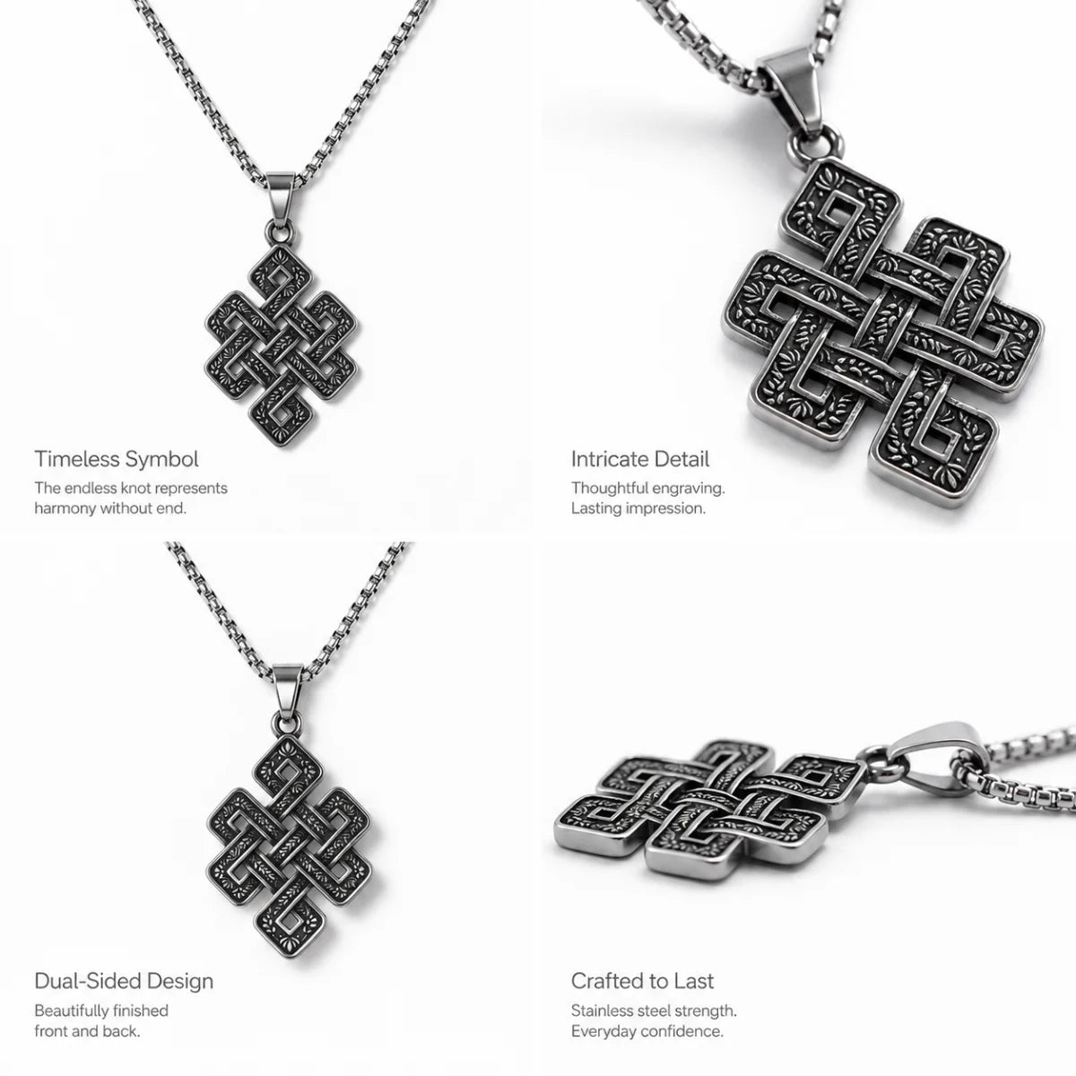 Endless Knot Necklace Silver Multi Angle Product Feature Showcase