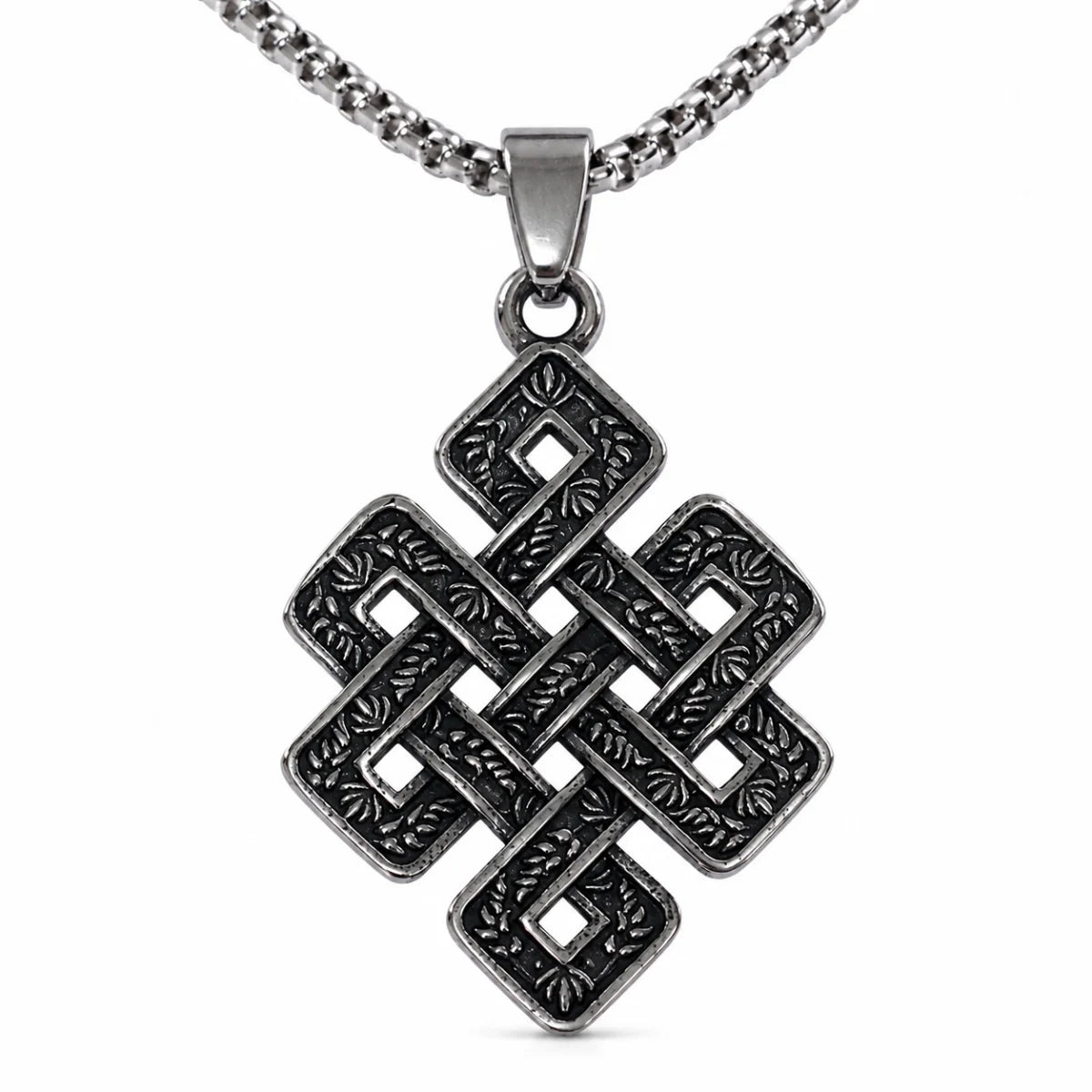 Endless Knot Necklace Silver Pendant with Chain Front View White Background