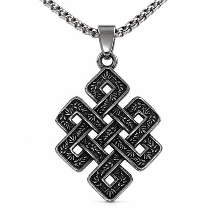 Endless Knot Necklace Silver Pendant with Chain Front View White Background