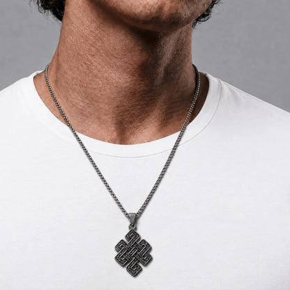 Endless Knot Necklace Silver Worn by Male Model Chest View