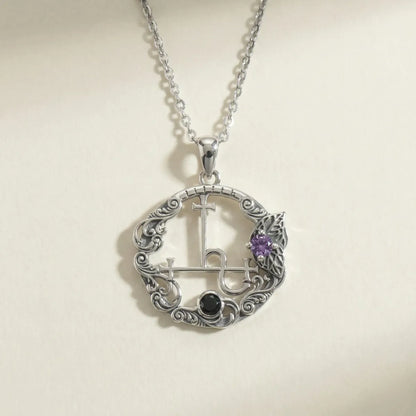 Engraved Lilith Sigil Medallion with Amethyst & Black Zircon Close Up