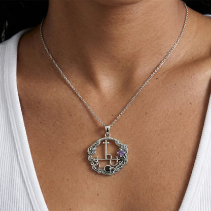 Engraved Lilith Sigil Medallion with Amethyst & Black Zircon Worn by Female Model