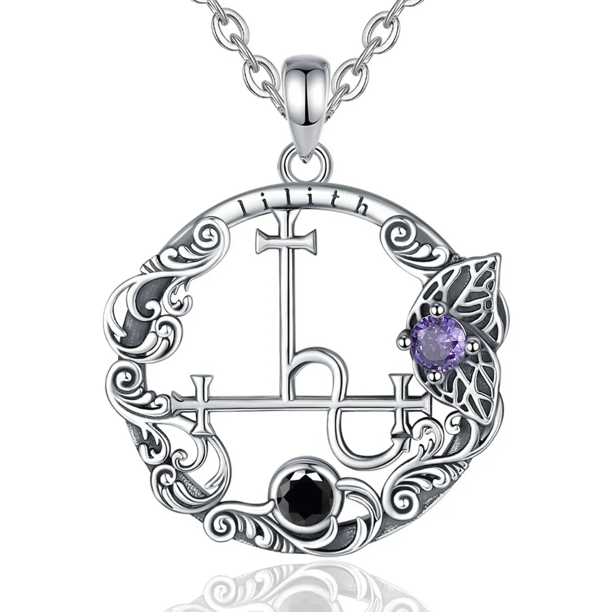 Engraved Lilith Sigil Medallion with Amethyst & Black Zircon with 18inch Chain