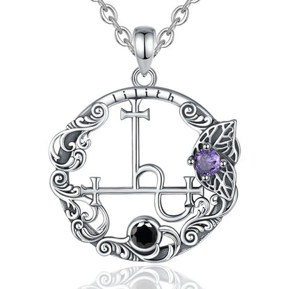 Engraved Lilith Sigil Medallion with Amethyst & Black Zircon with 20inch Chain