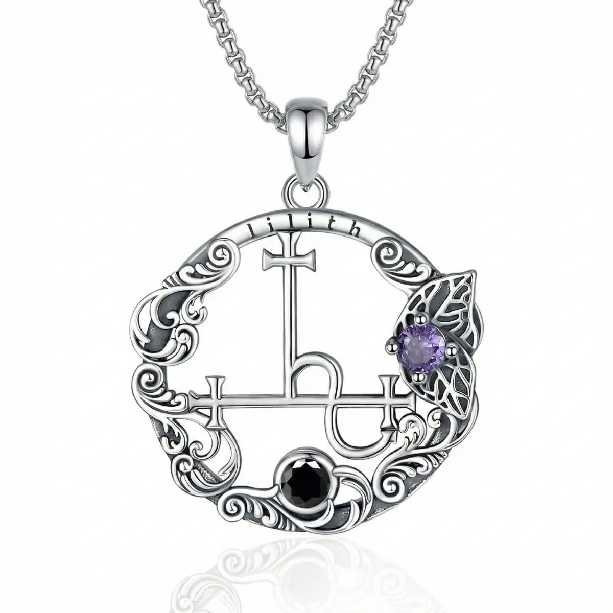Engraved Lilith Sigil Medallion with Amethyst & Black Zircon with 55cm Stainless Steel Chain