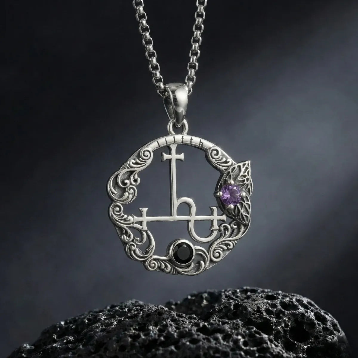 Engraved Lilith Sigil Medallion with Amethyst & Black Zircon