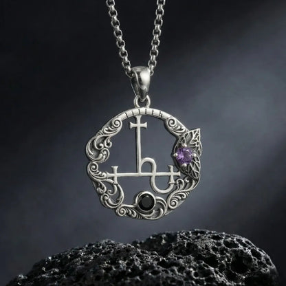 Engraved Lilith Sigil Medallion with Amethyst & Black Zircon