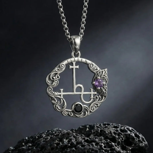 Engraved Lilith Sigil Medallion with Amethyst & Black Zircon