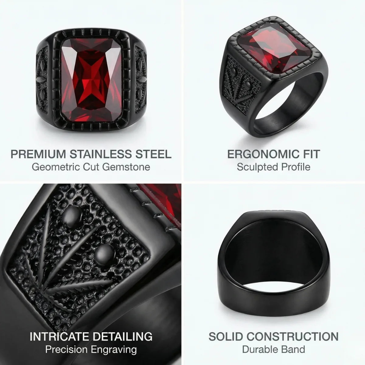 Engraved Red Gemstone Signet Ring Features