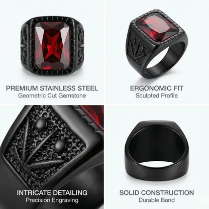 Engraved Red Gemstone Signet Ring Features