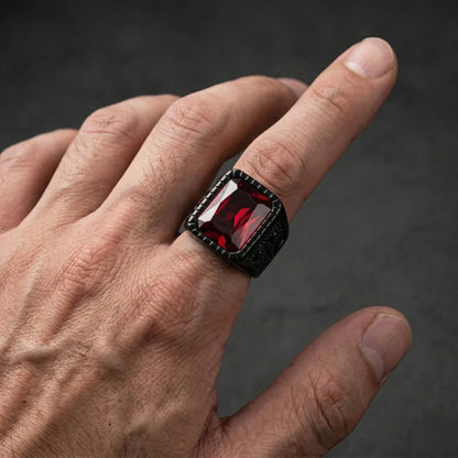 Engraved Red Gemstone Signet Ring Worn by Male Model Close Up