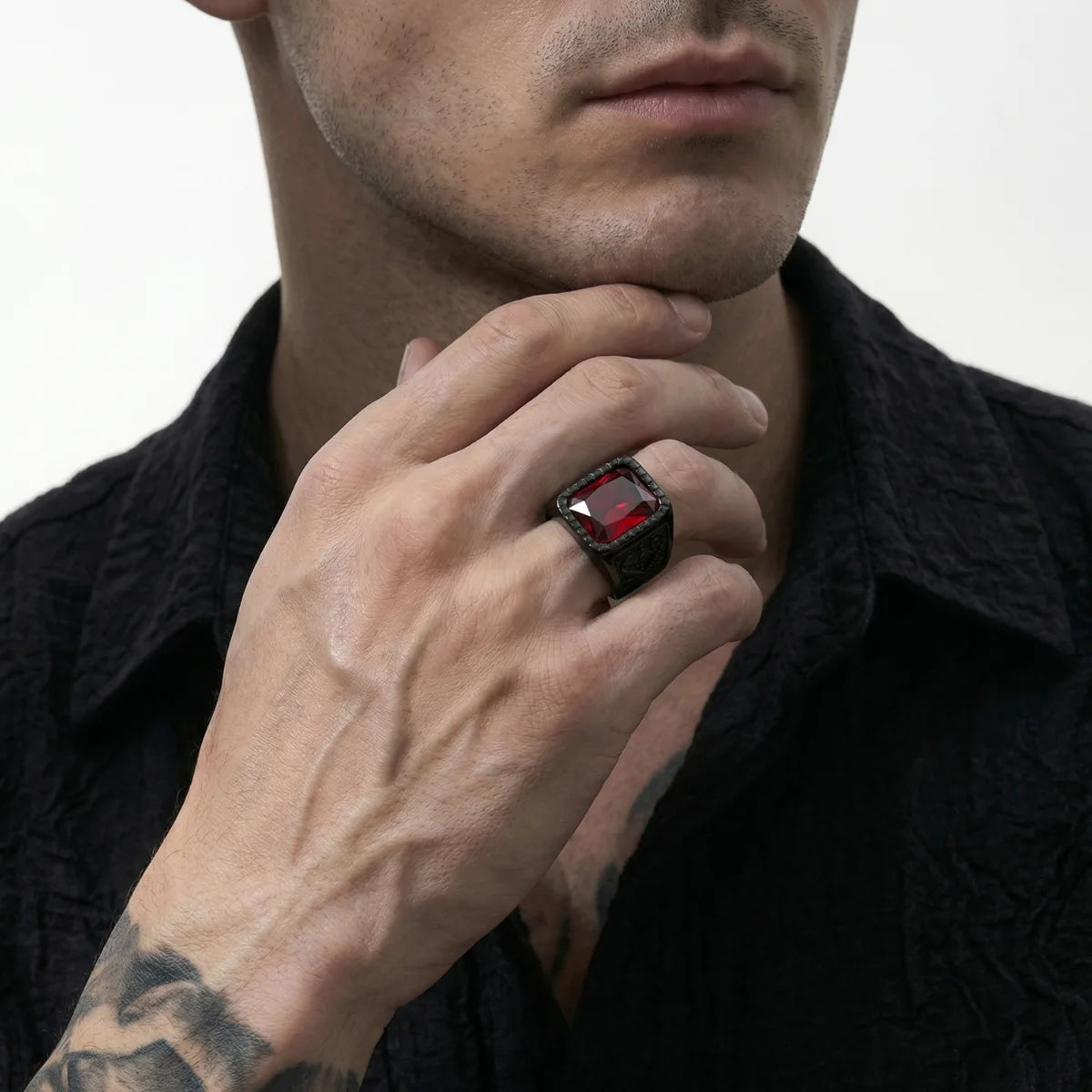 Engraved Red Gemstone Signet Ring Worn by Male Model