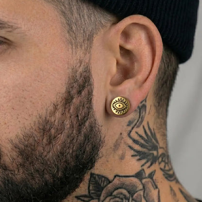Evil Eye Barbell Stud Earrings Gold Worn by Male Model