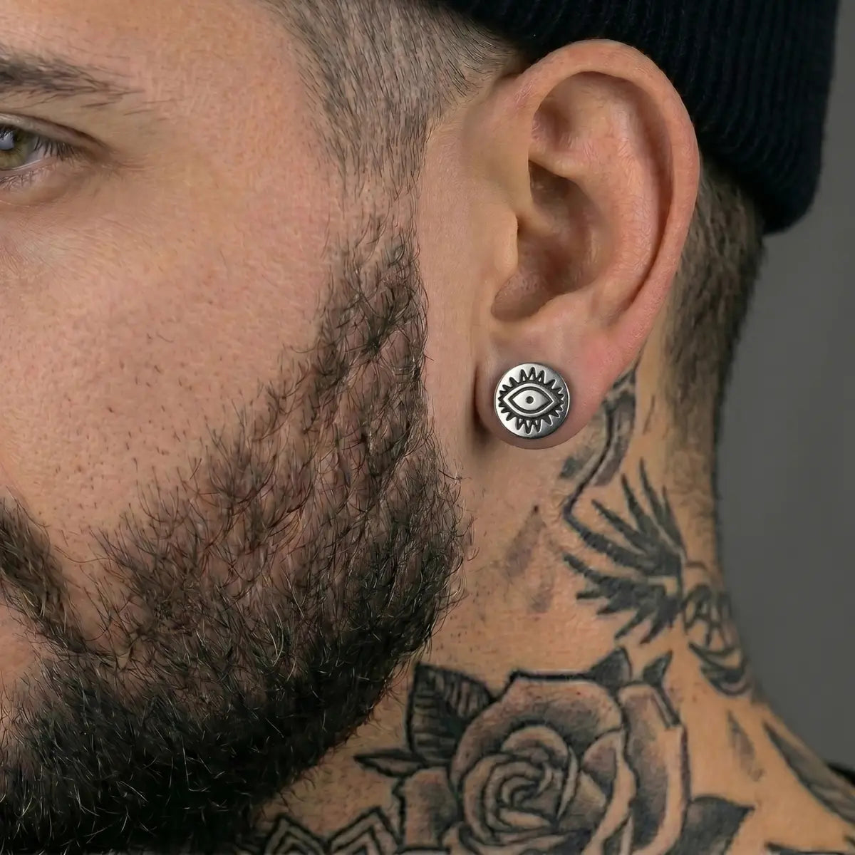 Evil Eye Barbell Stud Earrings Silver Worn by Male Model