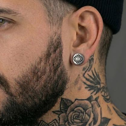 Evil Eye Barbell Stud Earrings Silver Worn by Male Model