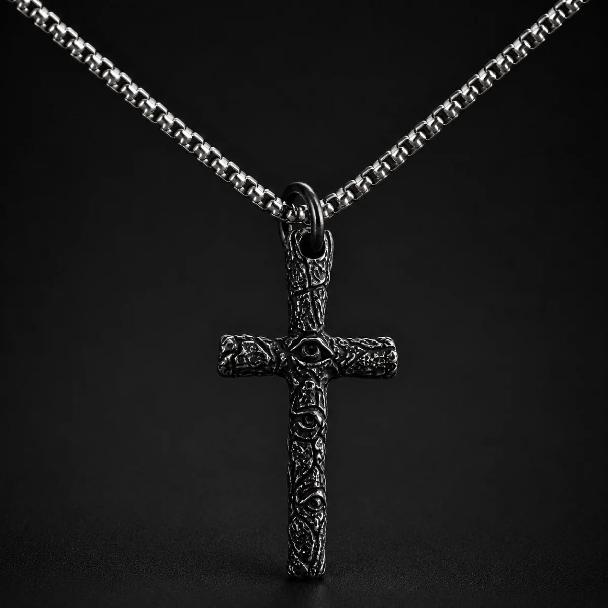 Evil Eye Cross Necklace Silver Close Up Black Background