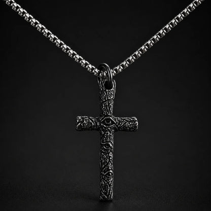 Evil Eye Cross Necklace Silver Close Up Black Background
