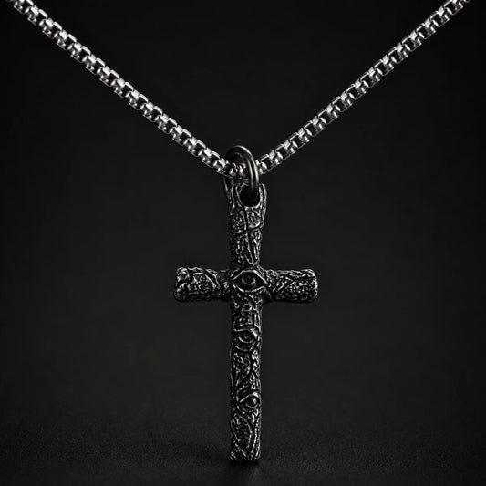 Evil Eye Cross Necklace Silver Close Up Black Background