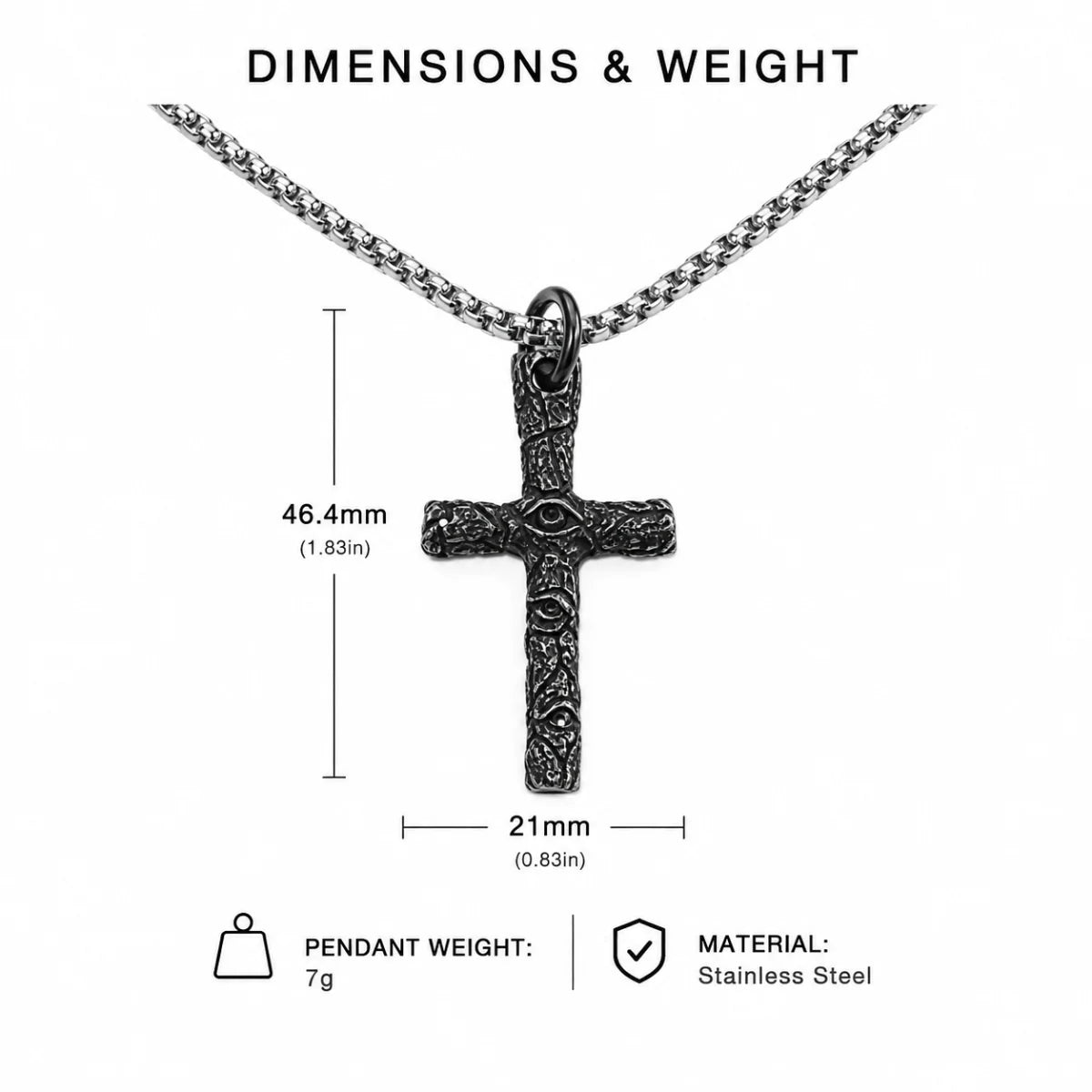 Evil Eye Cross Necklace Silver Dimension Diagram 48.8mm 1.92inch and 24.8mm 0.98inch
