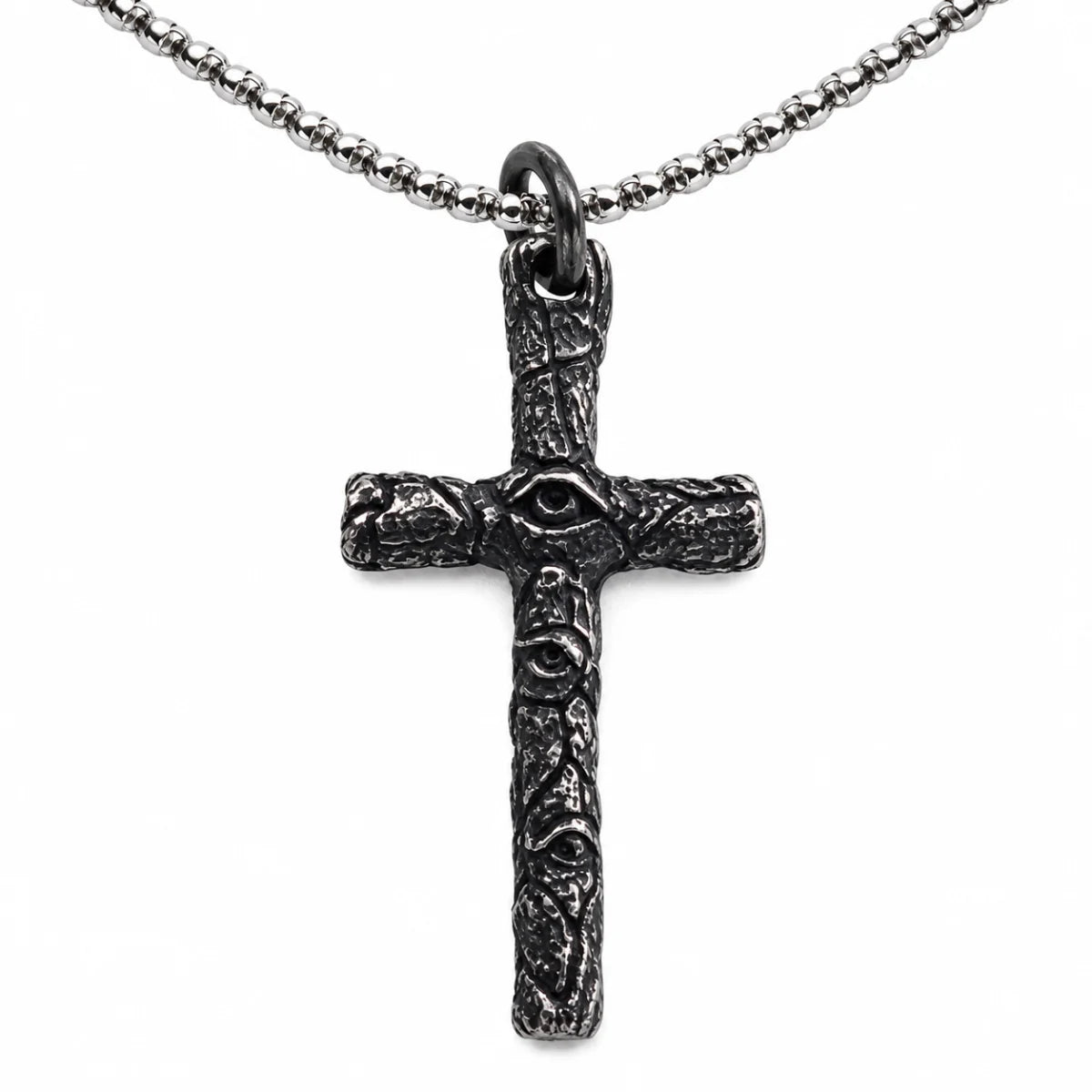 Evil Eye Cross Necklace Silver Pendant with Chain Front View White Background