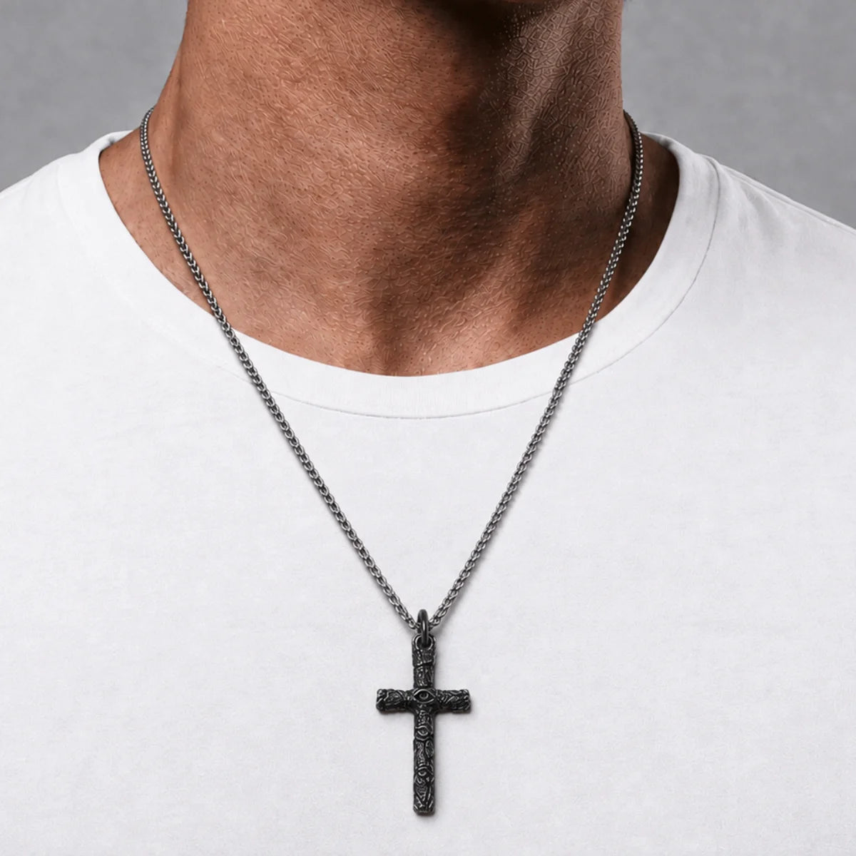 Evil Eye Cross Necklace Silver Worn by Male Model Chest View