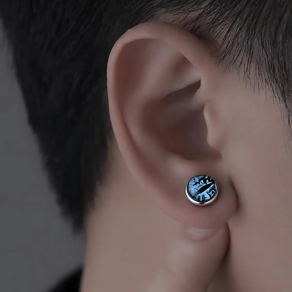 Evil Eye Stud Earrings Blue Worn by Male Model Side