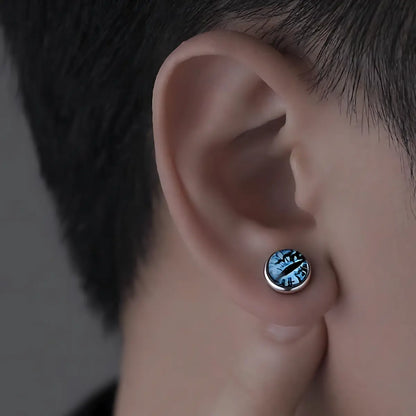 Evil Eye Stud Earrings Blue Worn by Male Model Side