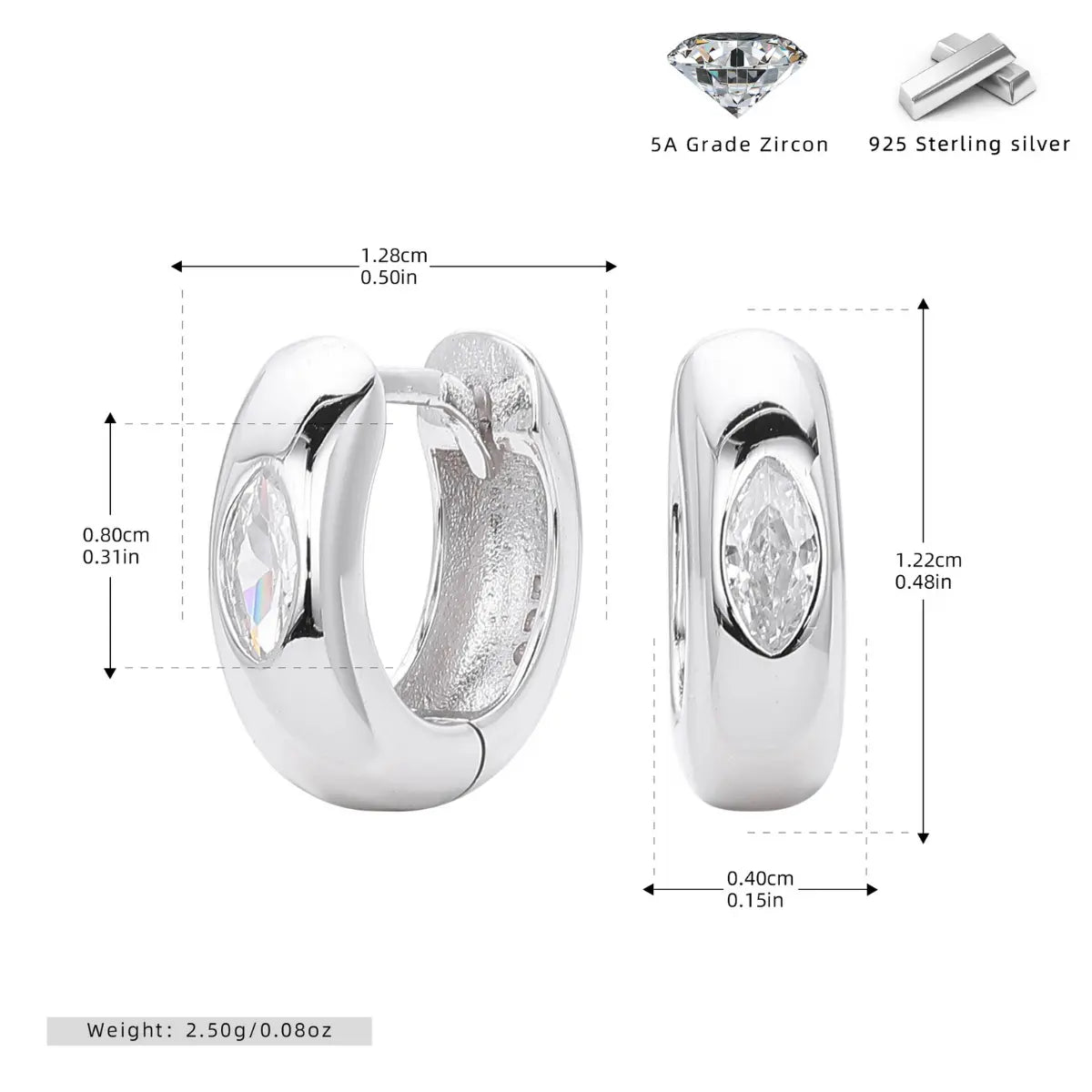 Eye of Horus Huggie Hoop Earrings White Gold 4mm Dimensions and Weight