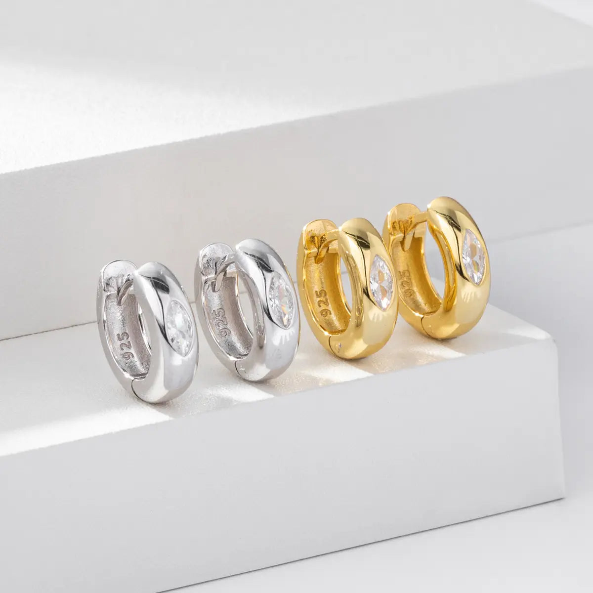 Eye of Horus Huggie Hoop Earrings White Gold and Gold 4mm