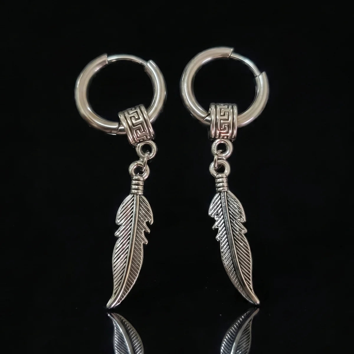 Feather Charm Earrings Silver Front View
