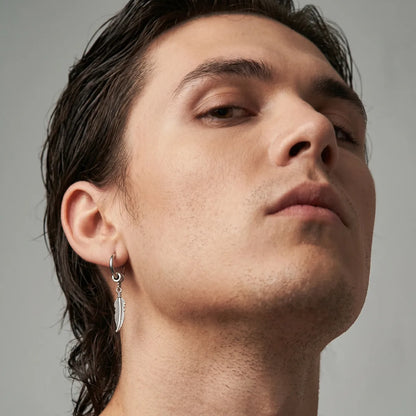 Feather Charm Earrings Silver Worn by Male Model