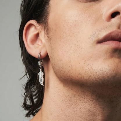 Feather Earrings Silver Worn by Male Model