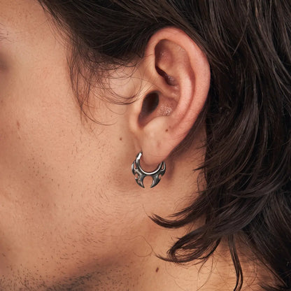 Flame Blade Earrings Silver Worn by Male Model