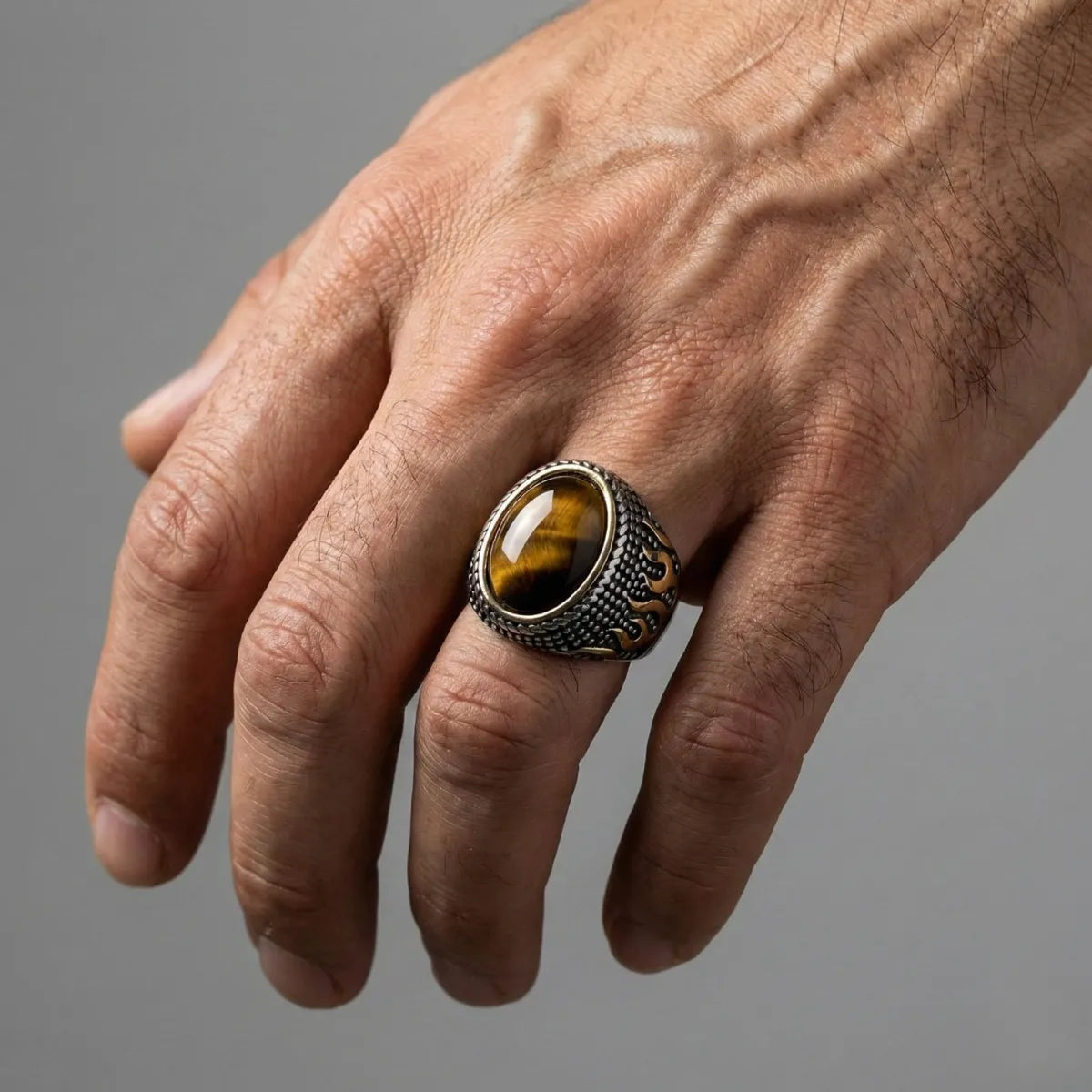 Flame Tiger's Eye Signet Ring Worn by Male Model Close Up